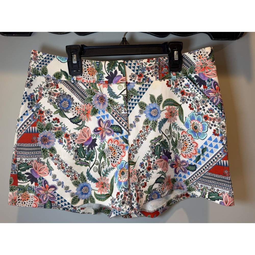 Drew Floral Geometric Print Shorts Womens 8 White Multi Color Cotton Blend USA
